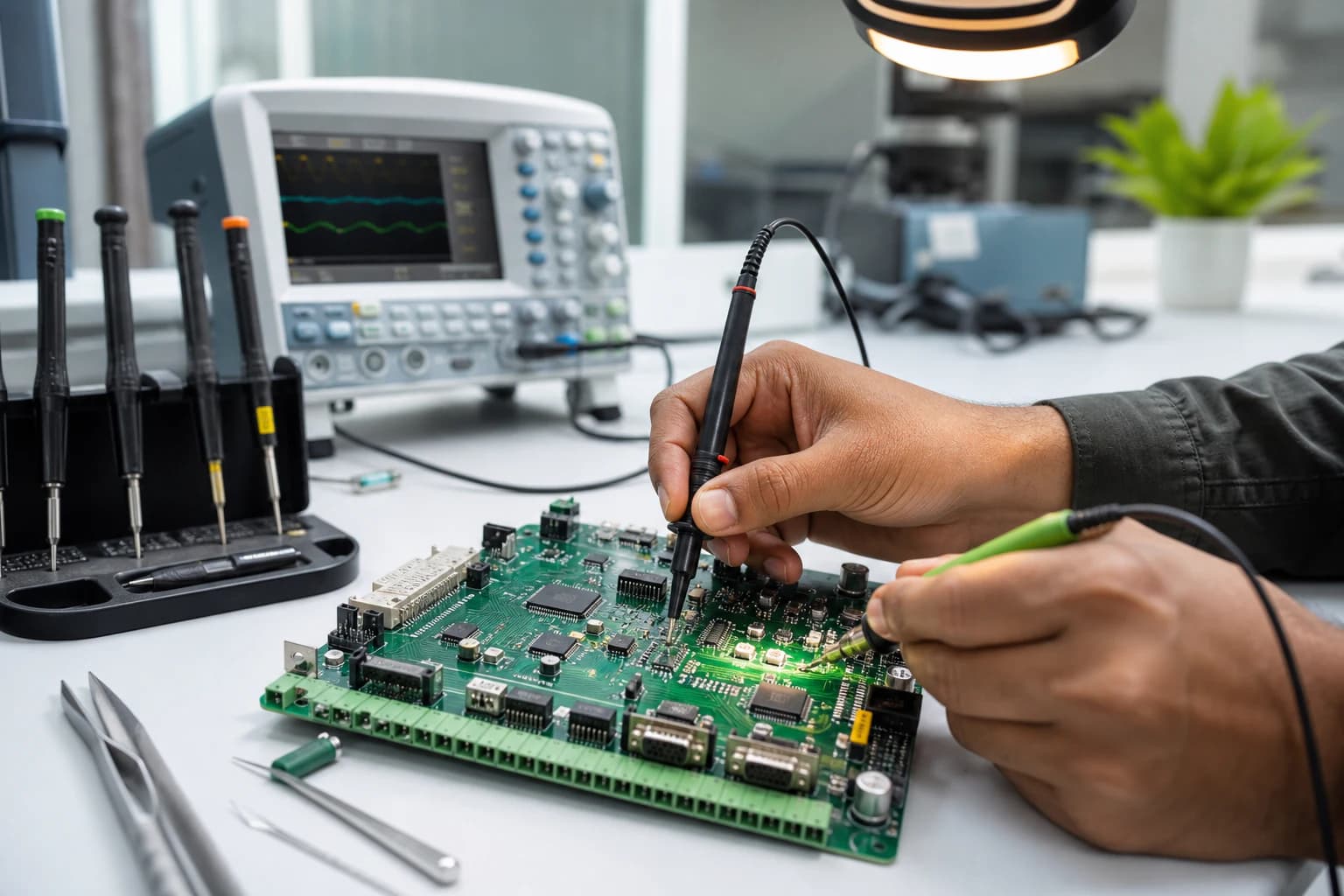 Electronics engineer testing a custom circuit board in a development lab