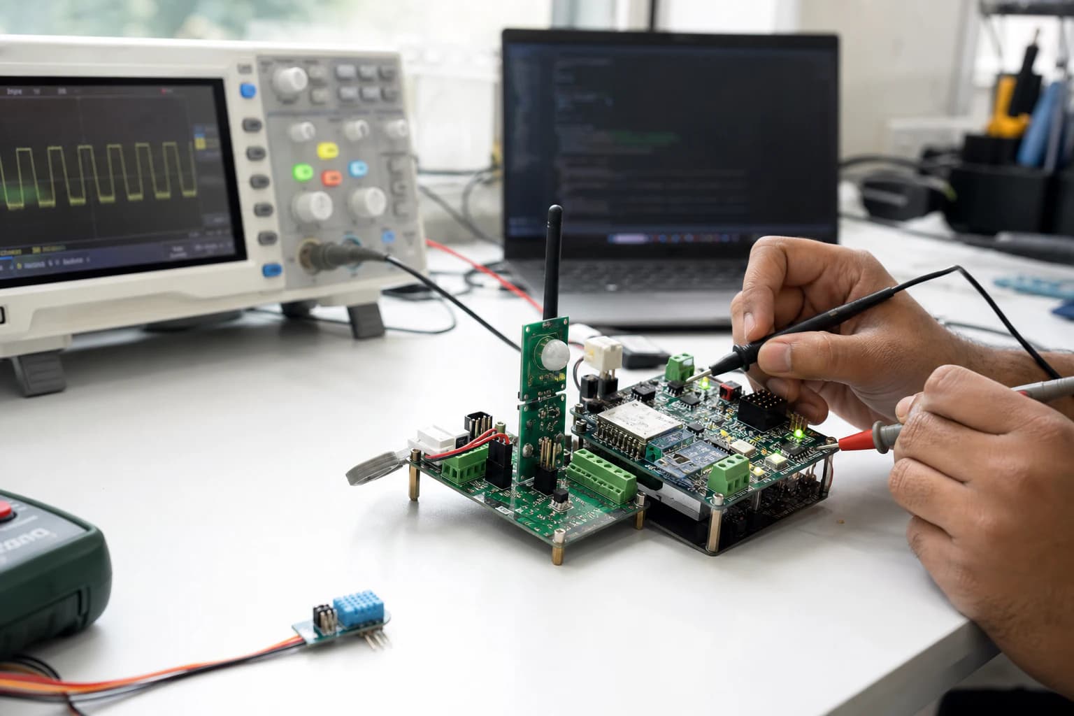 Engineer testing an embedded IoT control board with laboratory instruments